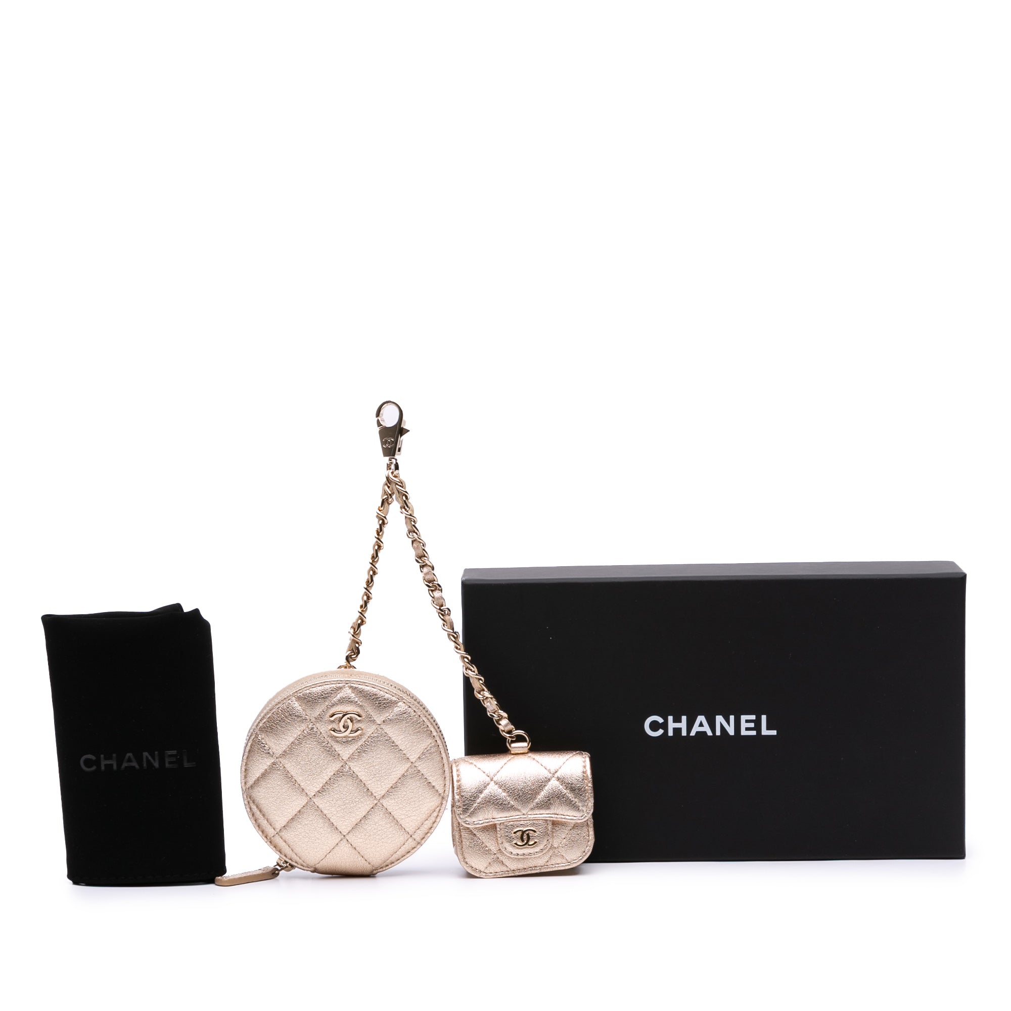 Metallic Quilted Lambskin Round Clip On Coin Purse Airpods Case