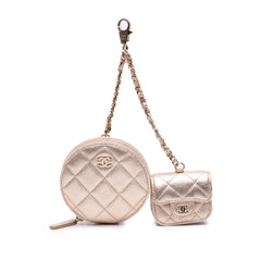 Metallic Quilted Lambskin Round Clip On Coin Purse Airpods Case