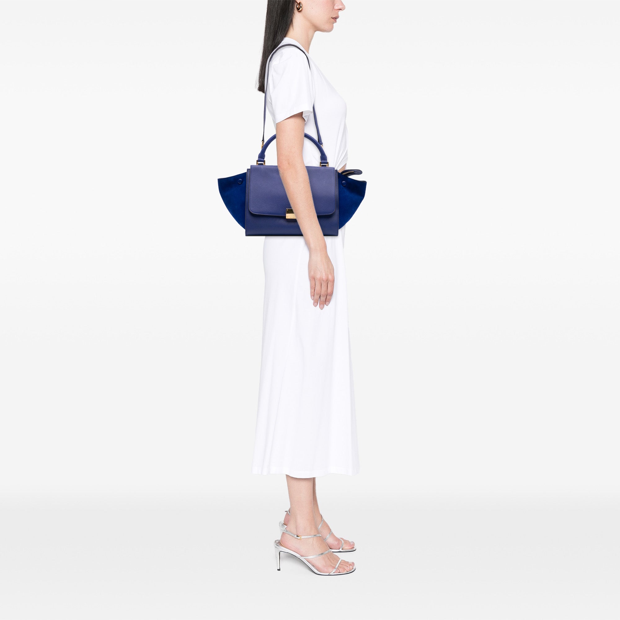 Small Drummed Calfskin and Suede Trapeze Satchel