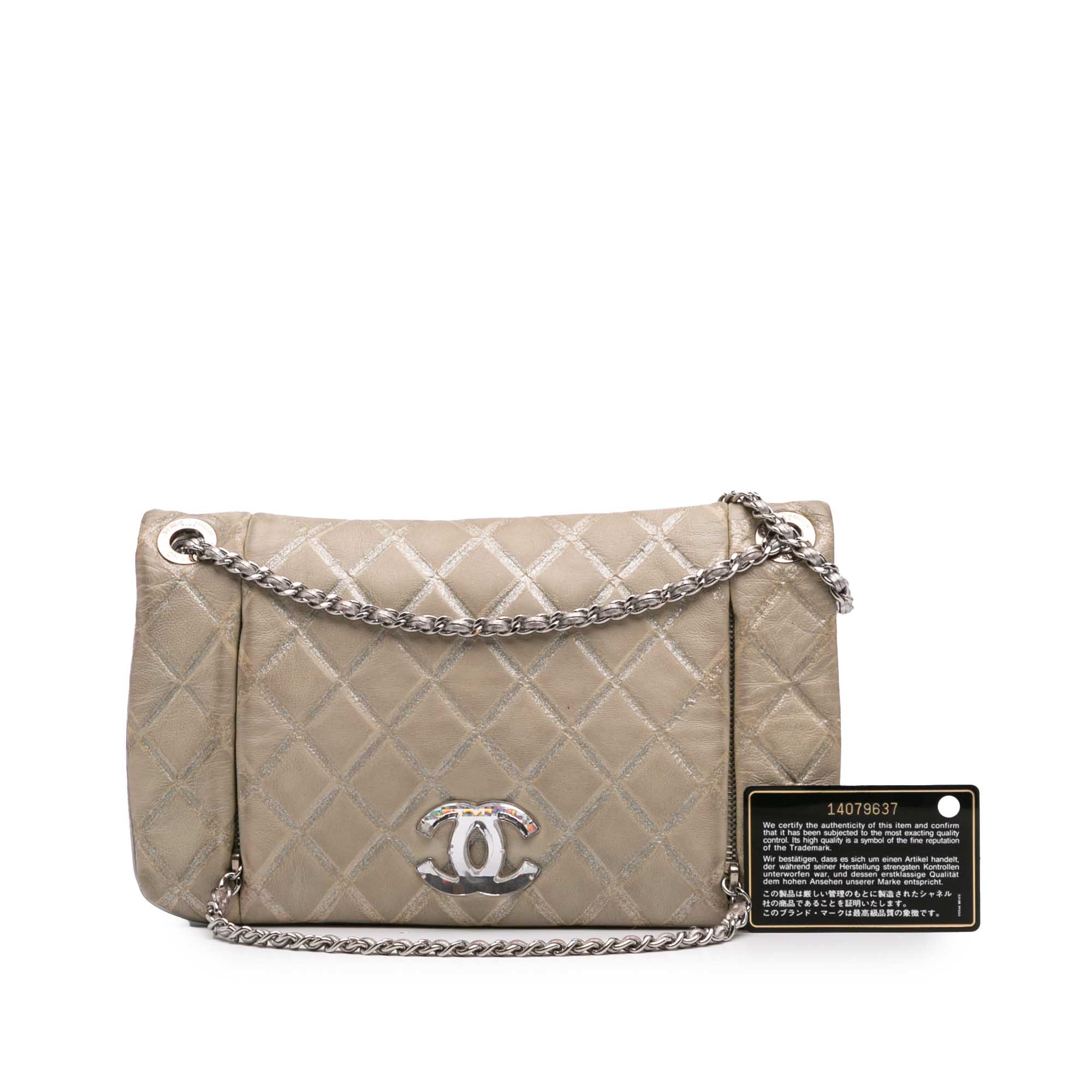 Quilted Metallic Distressed Lambskin CC Crystal Flap