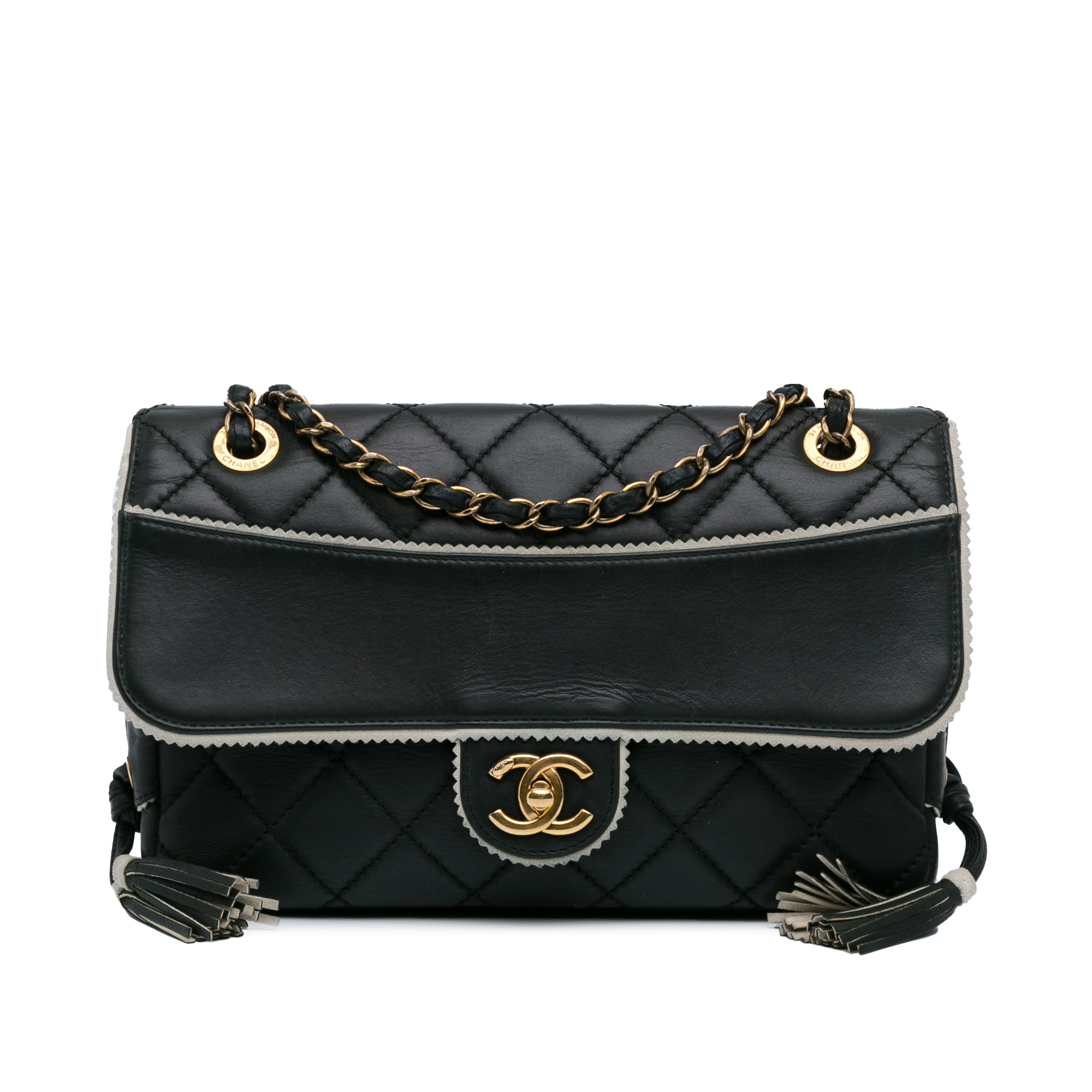 CC Quilted Lambskin Tassel and Border Embellished Flap Bag_0