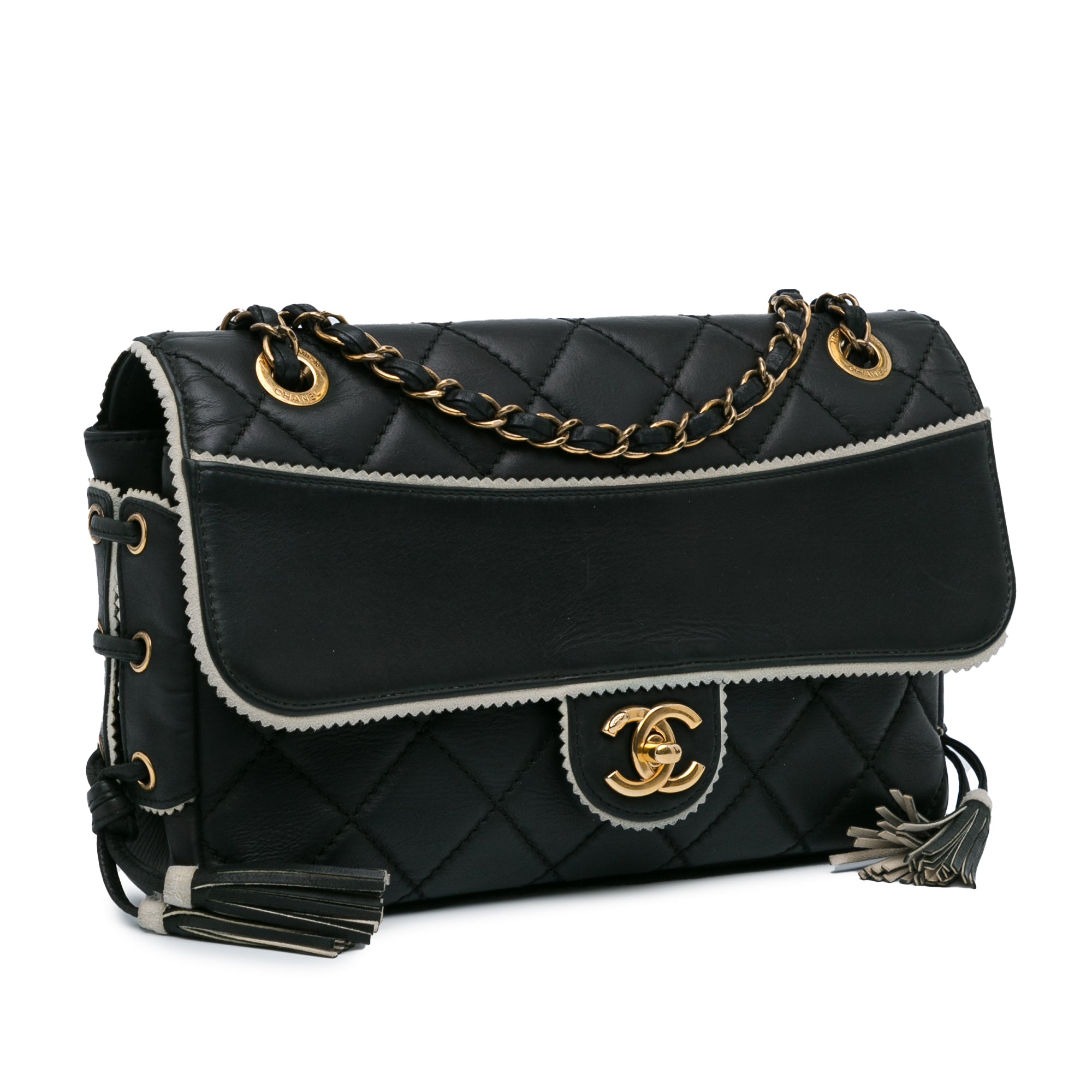 CC Quilted Lambskin Tassel and Border Embellished Flap Bag_1