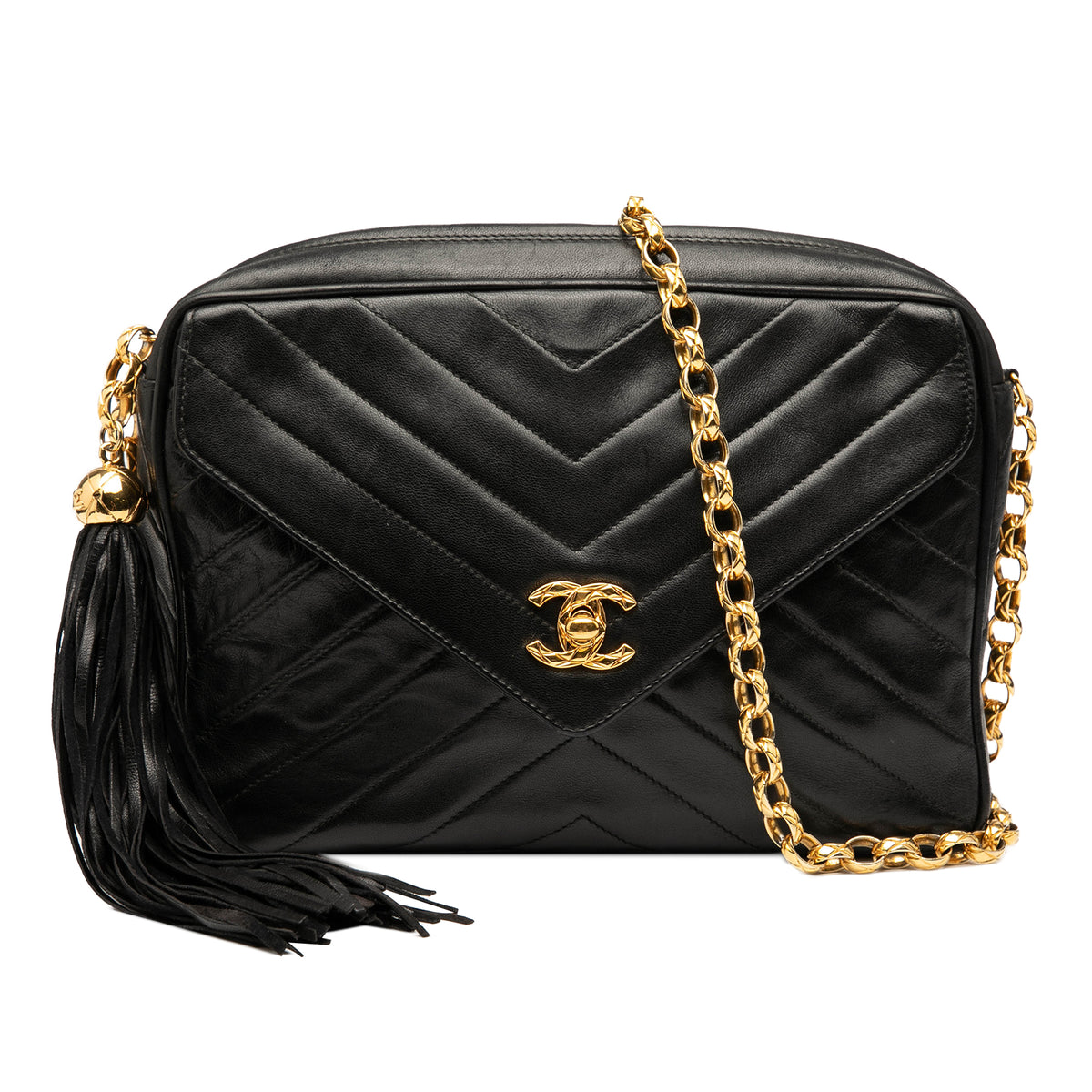 CC Chevron Lambskin Tassel Chain Camera Bag