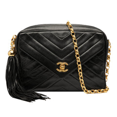 CC Chevron Lambskin Tassel Chain Camera Bag