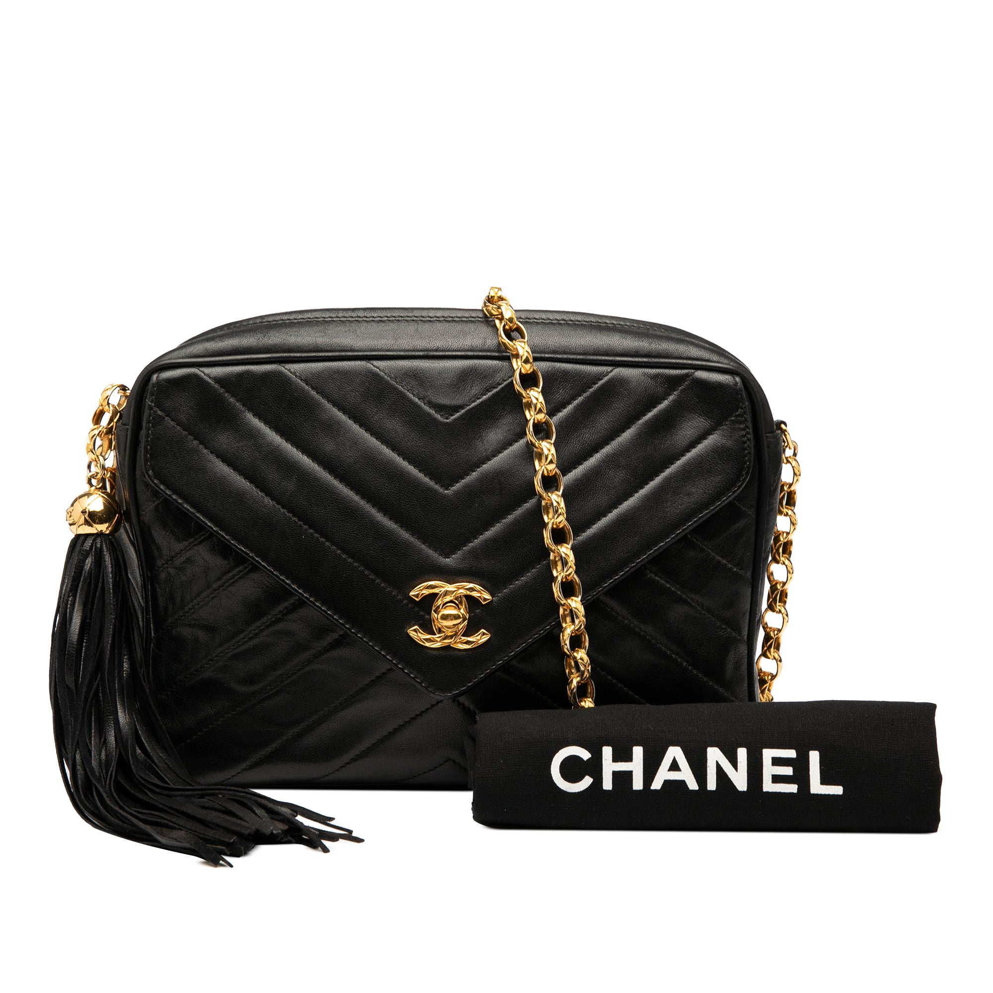 CC Chevron Lambskin Tassel Chain Camera Bag