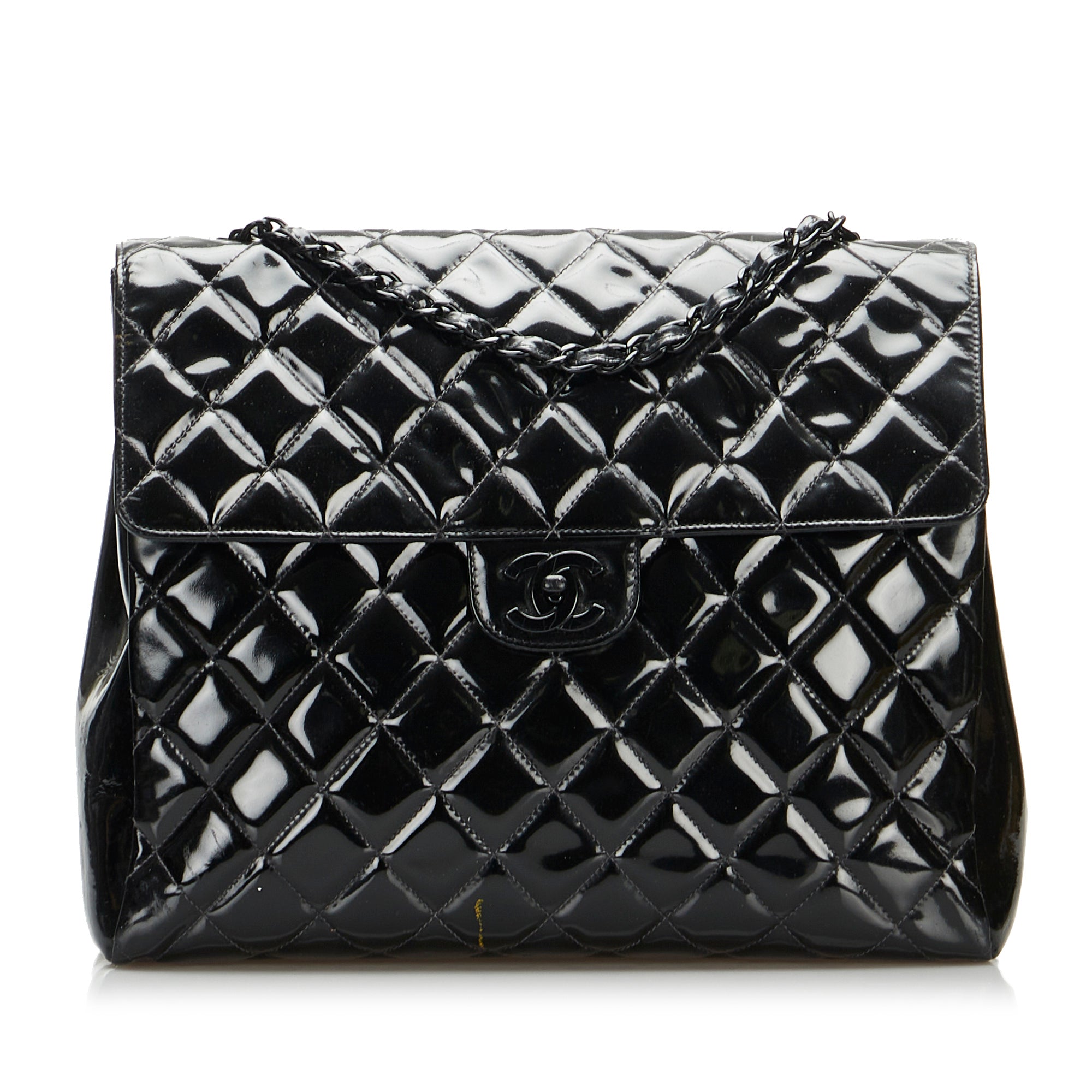 So Black Matelasse Patent Leather Single Flap Bag_0