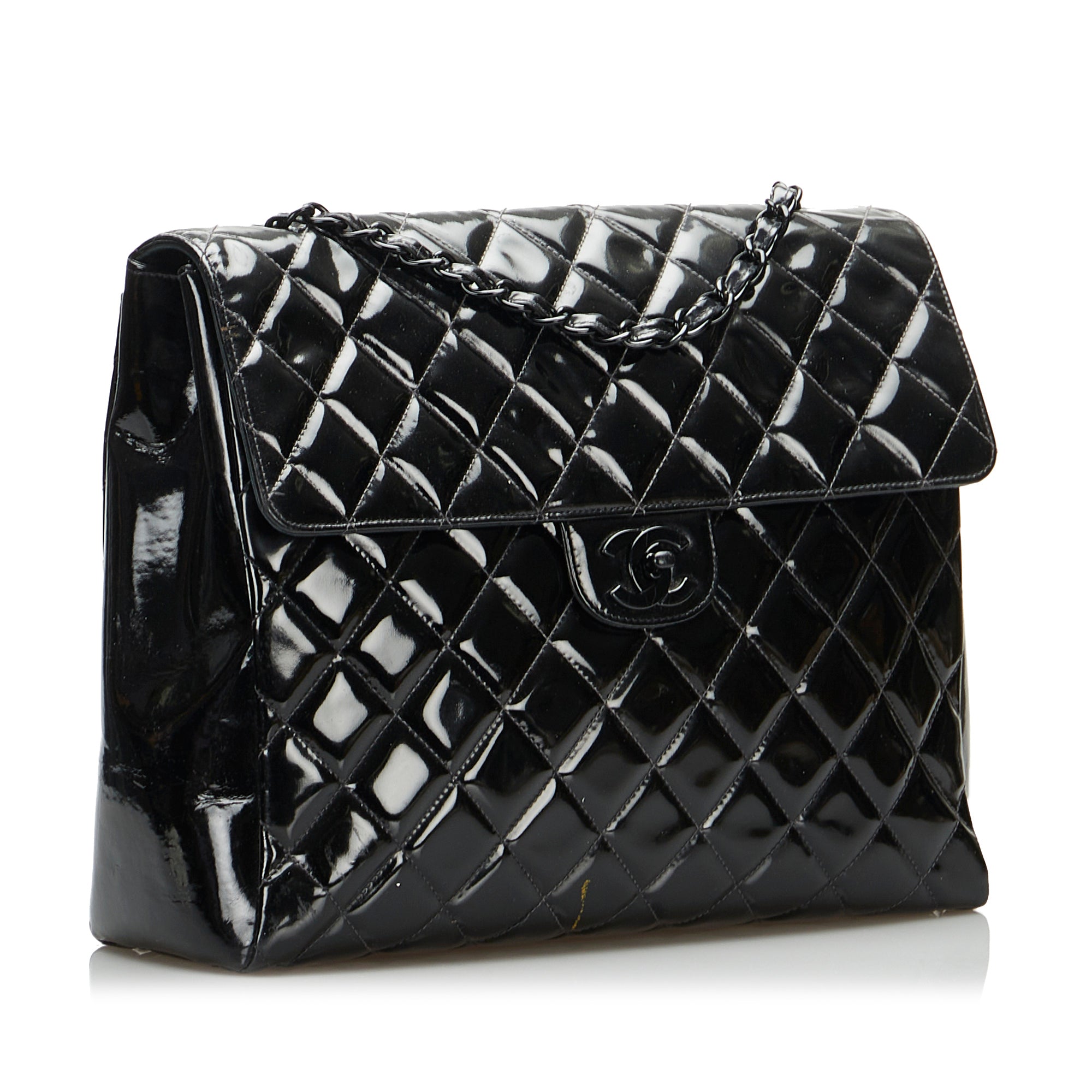 So Black Matelasse Patent Leather Single Flap Bag_1