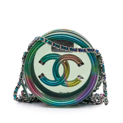PVC and Metallic Lambskin CC Filigree Round Clutch with Chain