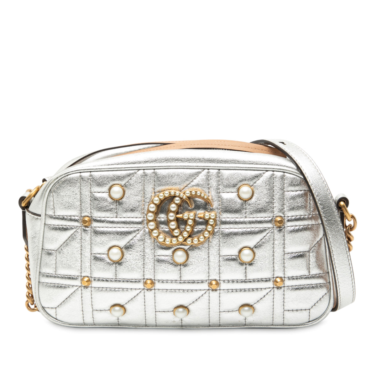 Small GG Marmont Pearl Studded Matelasse Leather Aria Crossbody
