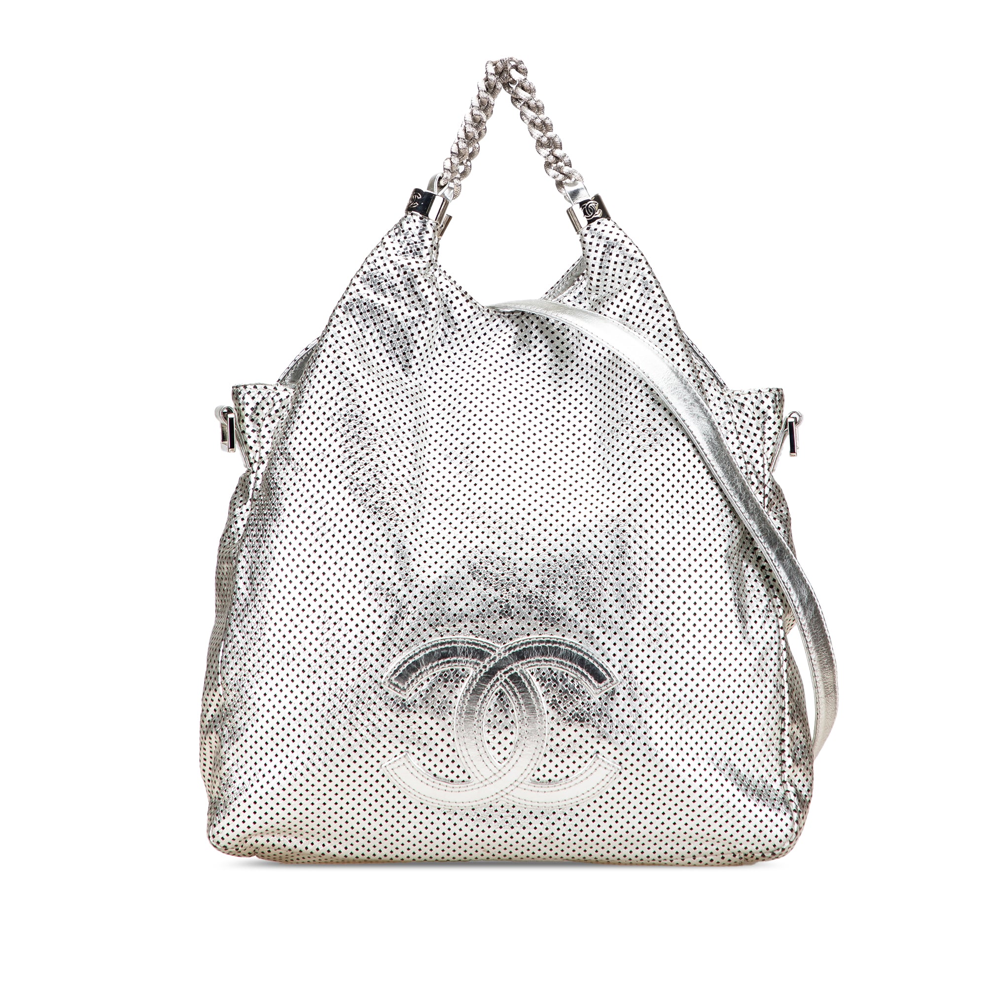 Medium Metallic Glazed Calfskin Perforated Rodeo Drive Satchel