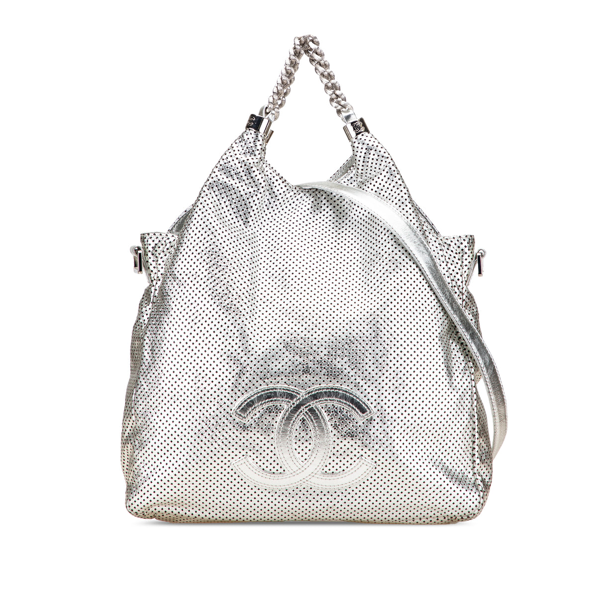 Medium Metallic Glazed Calfskin Perforated Rodeo Drive Satchel