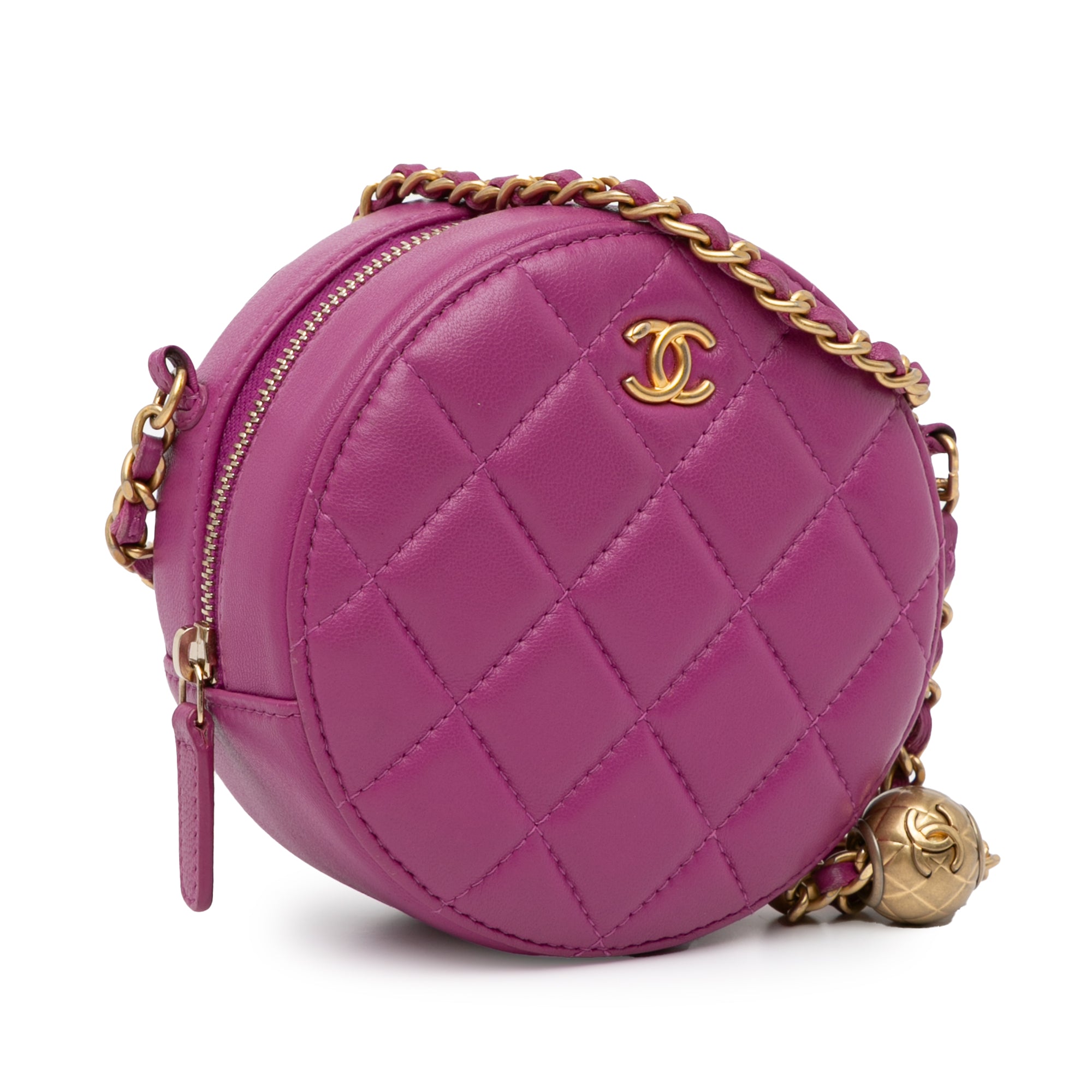 CC Quilted Lambskin Pearl Crush Round Clutch with Chain_1