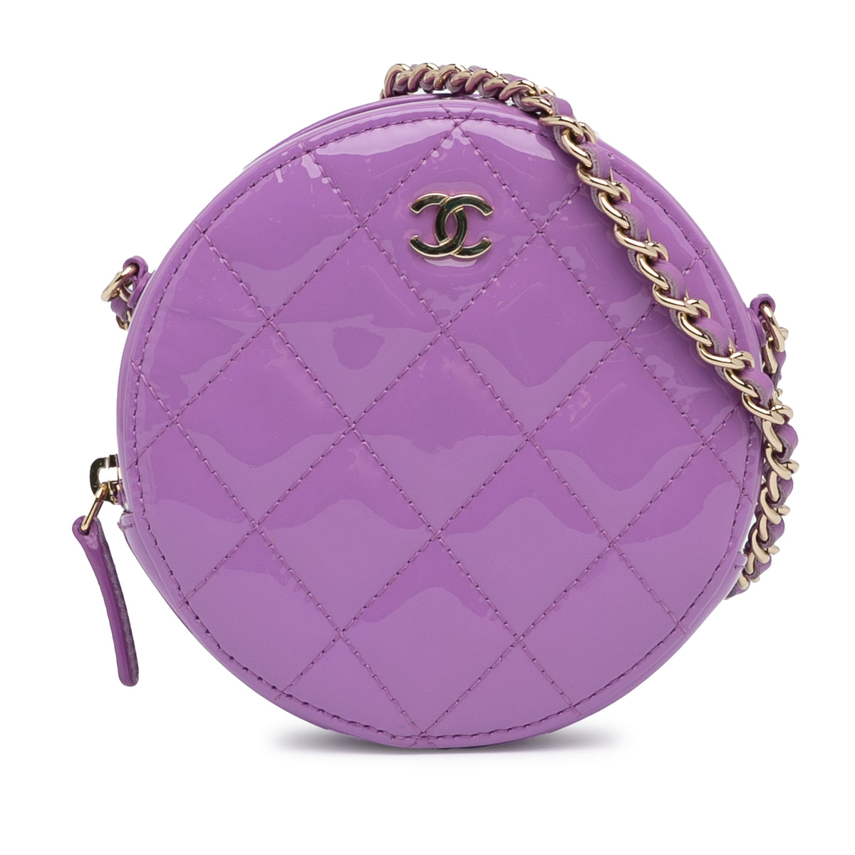 CC Quilted Patent Round Clutch With Chain