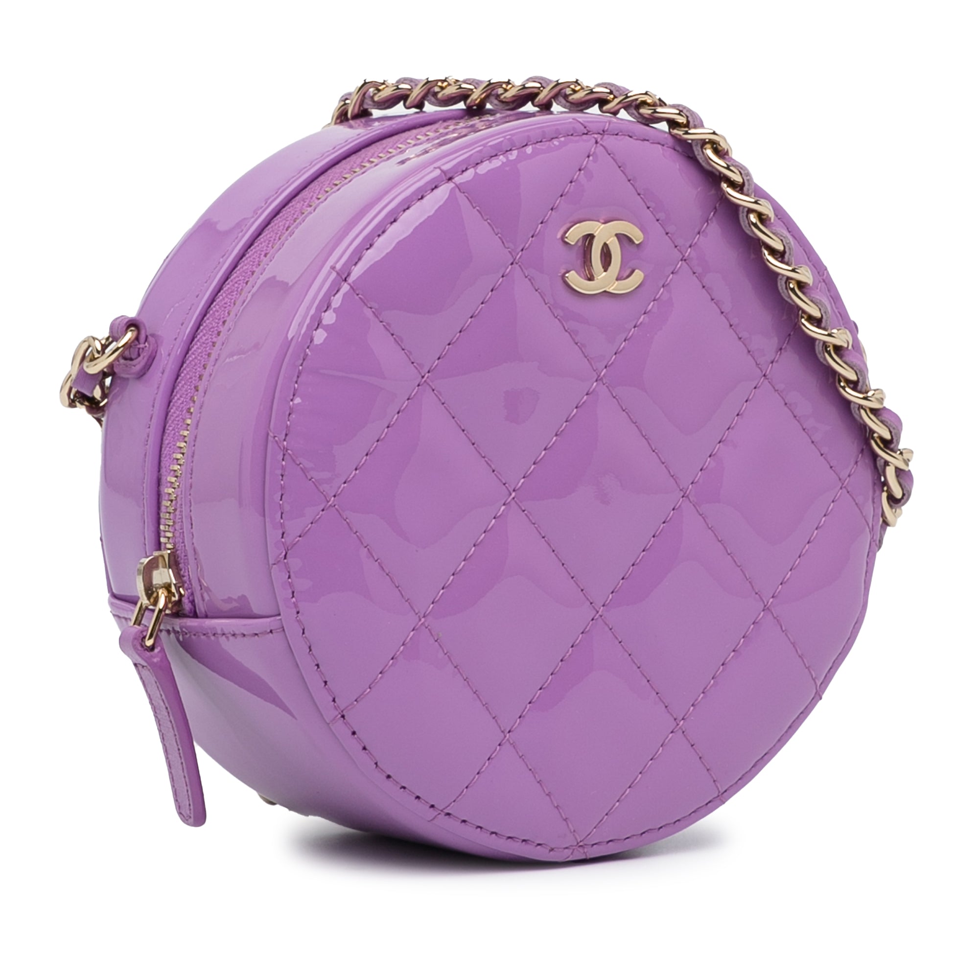 CC Quilted Patent Round Clutch With Chain