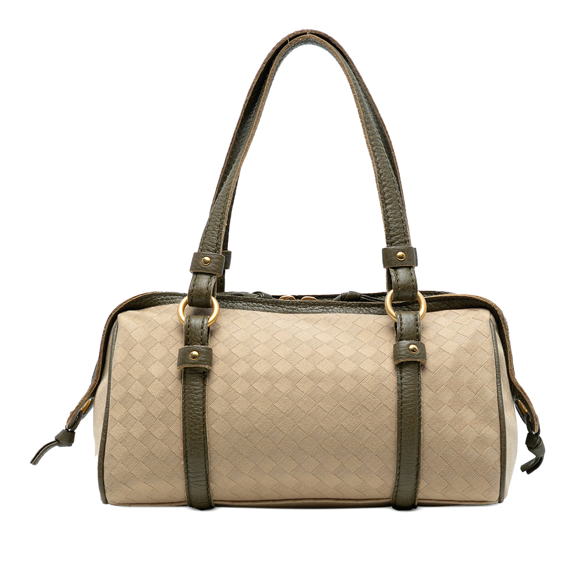 Leather Trimmed Satin Intrecciato Boston Bag