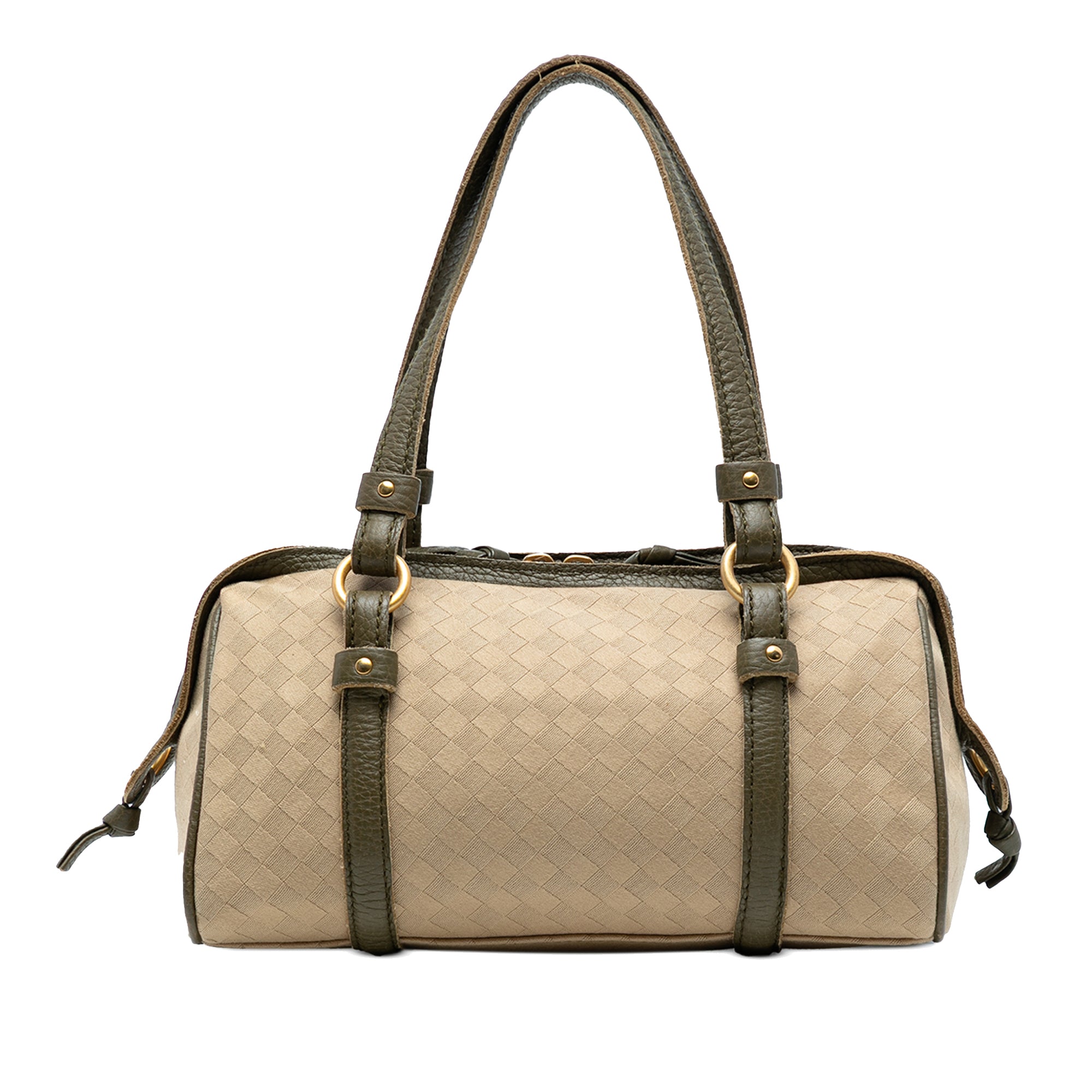 Leather Trimmed Satin Intrecciato Boston Bag