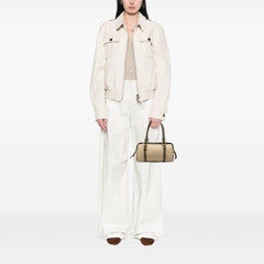 Leather Trimmed Satin Intrecciato Boston Bag