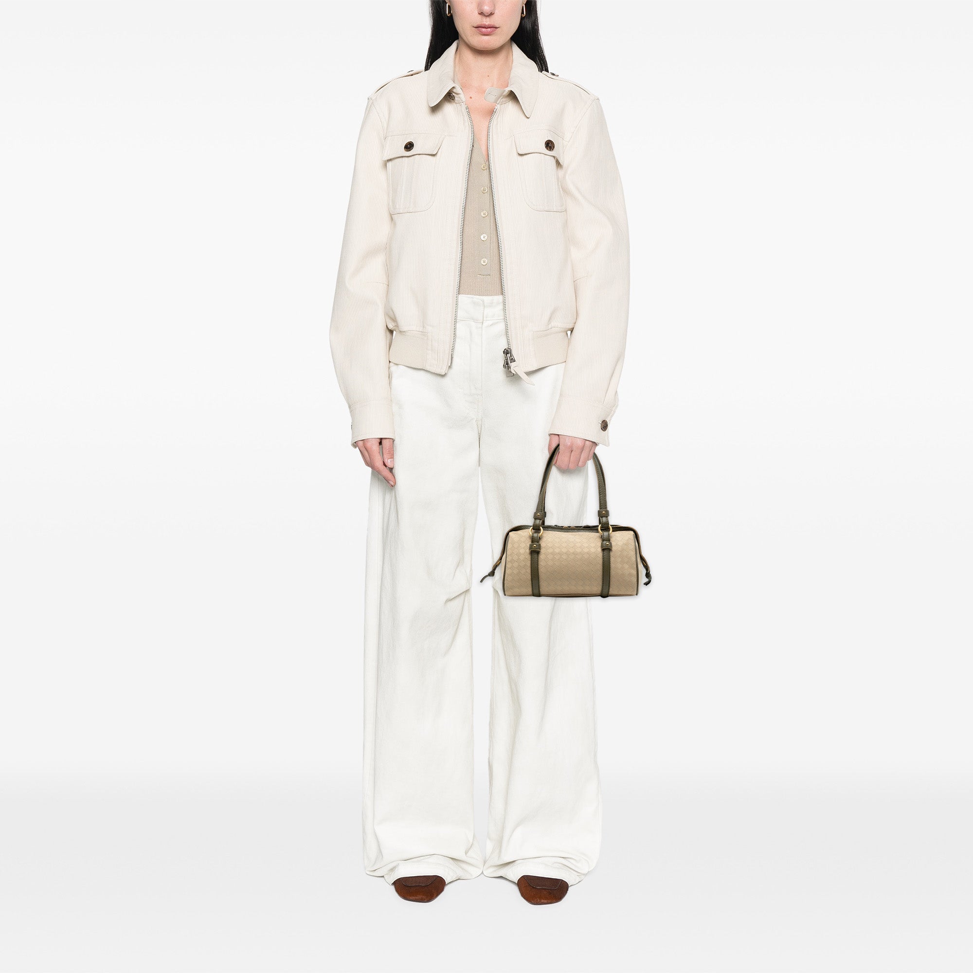 Leather Trimmed Satin Intrecciato Boston Bag