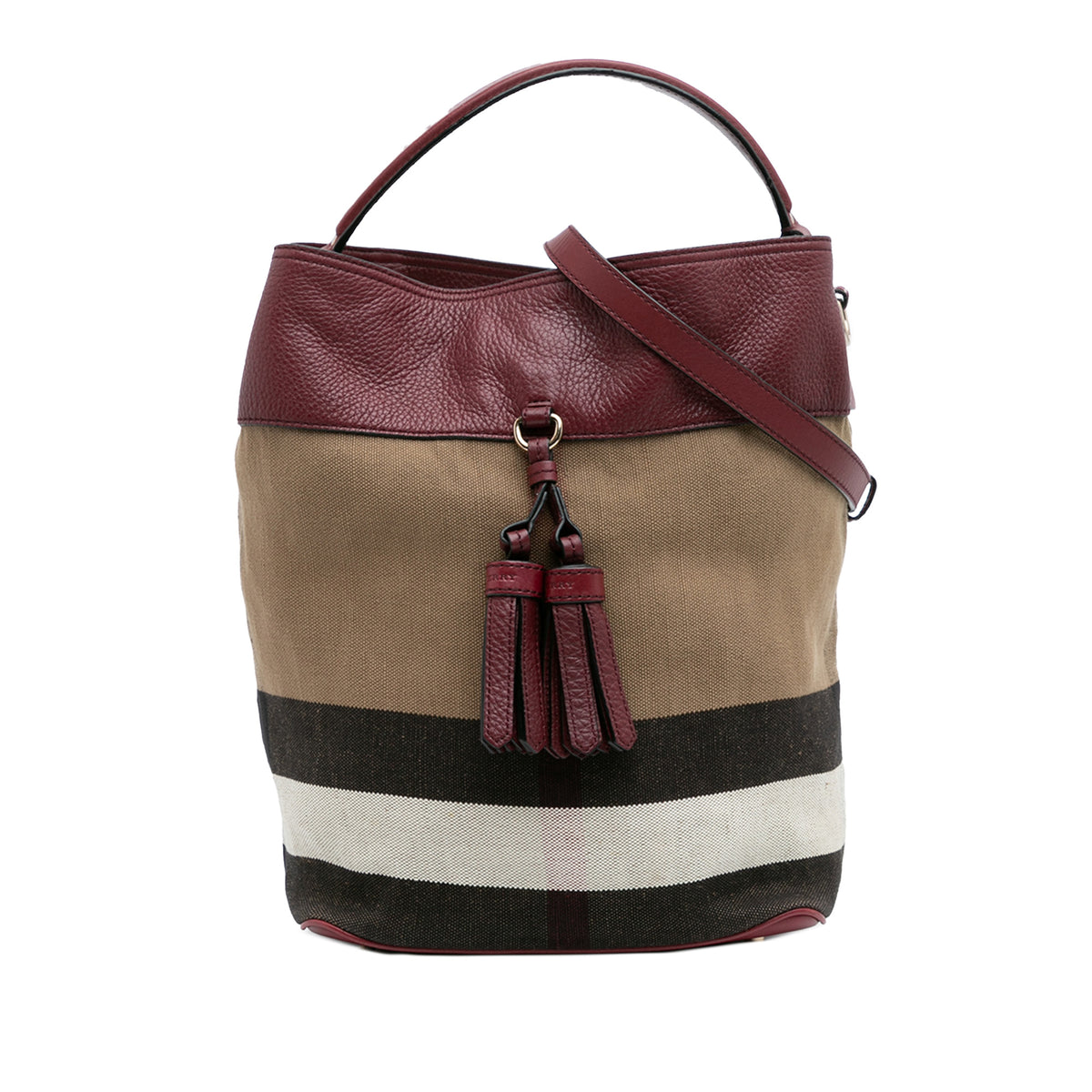 Medium Mega Check Canvas and Grained Calfskin Ashby Tassel Bucket Bag
