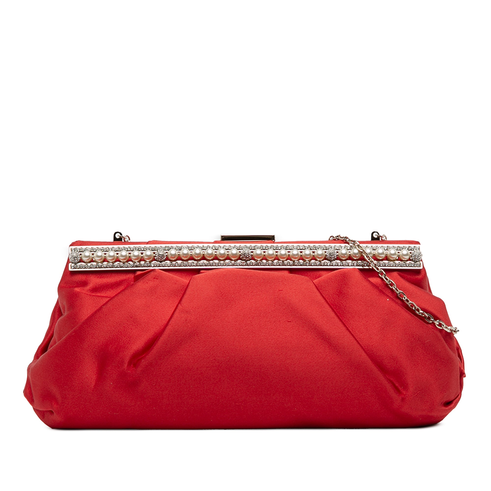 Satin Pearl Embellished Frame Clutch on Chain