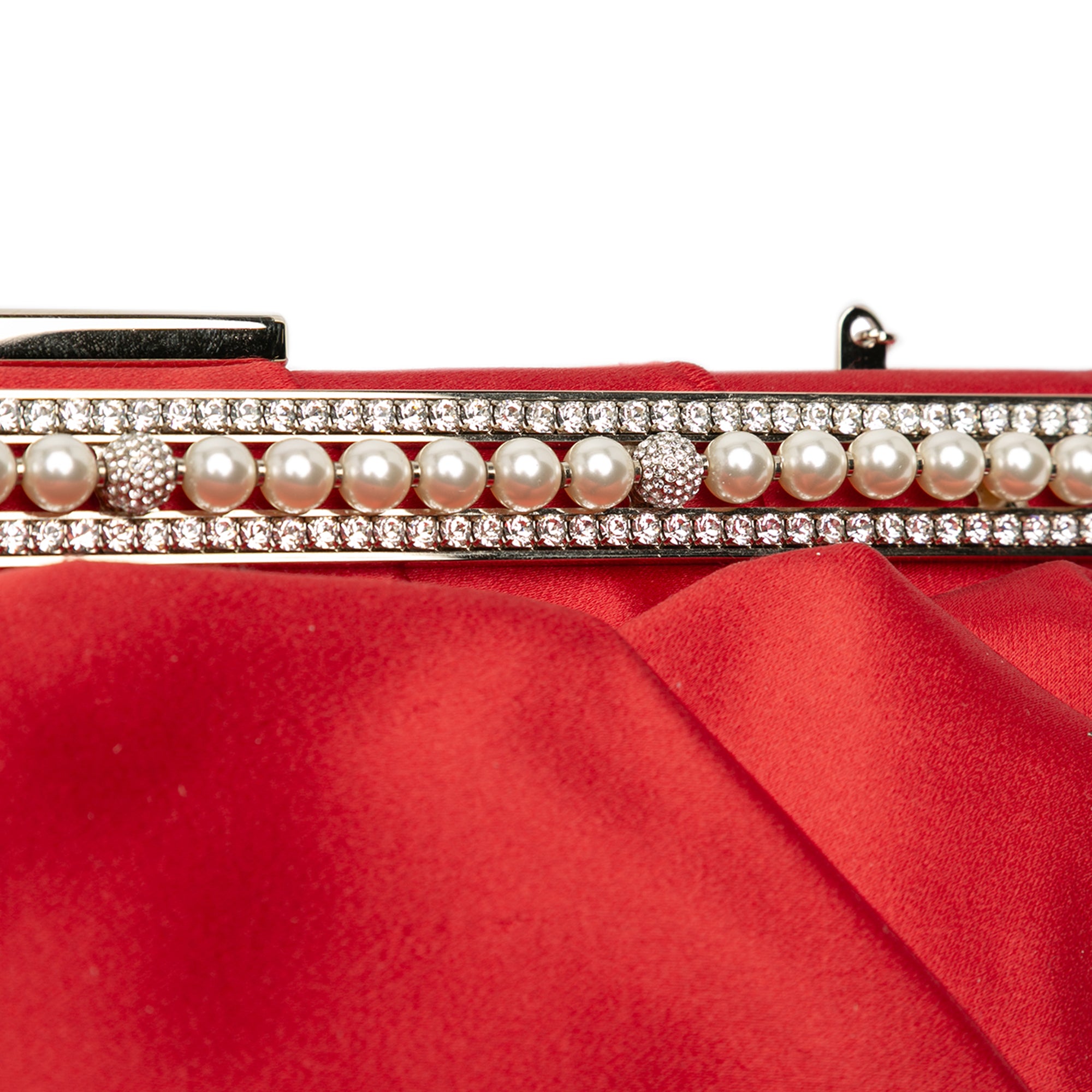 Satin Pearl Embellished Frame Clutch on Chain