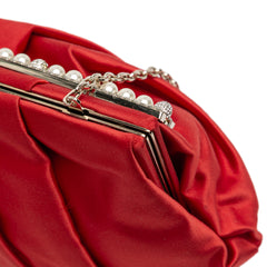 Satin Pearl Embellished Frame Clutch on Chain