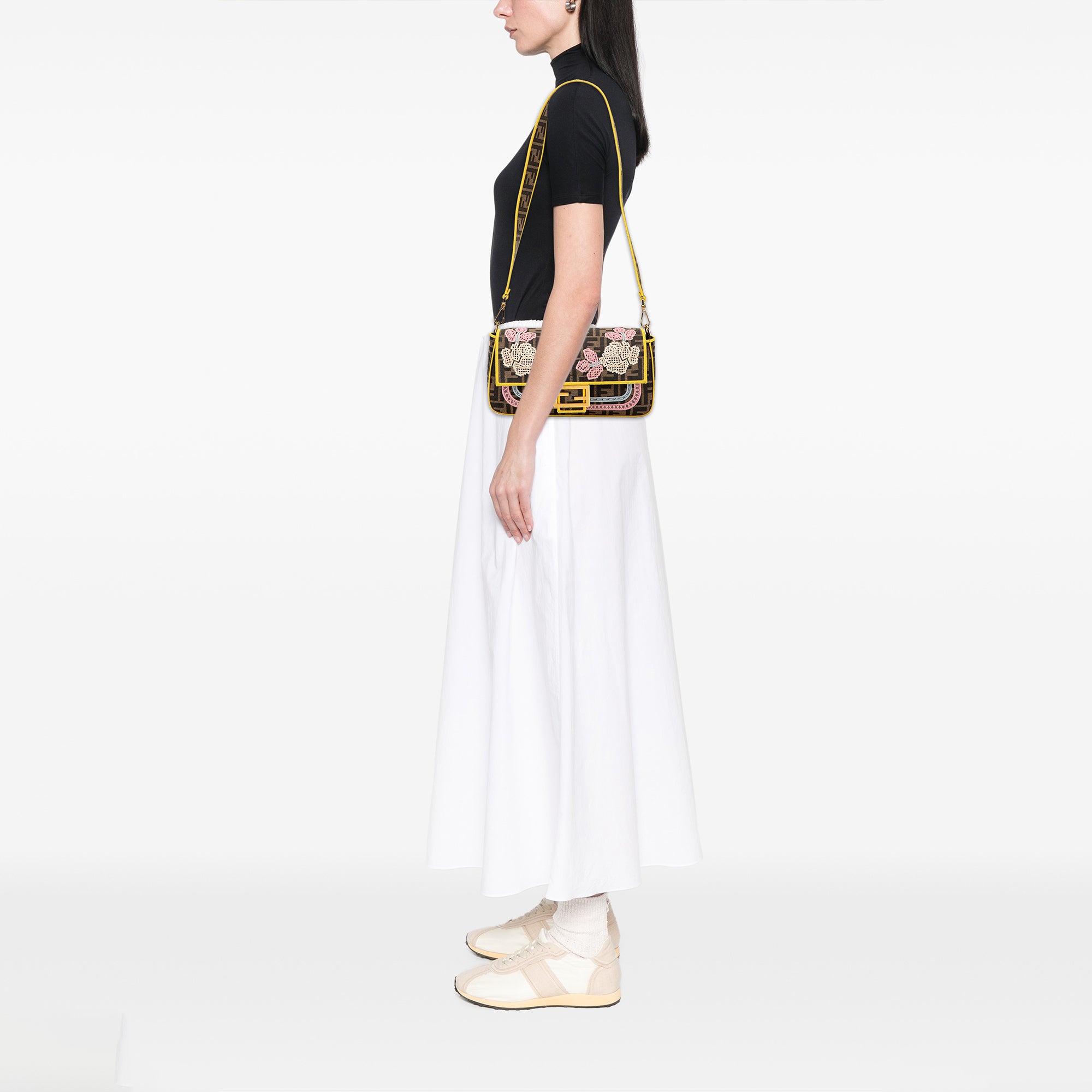 Zucca Embroidered Canvas Floral Baguette Satchel