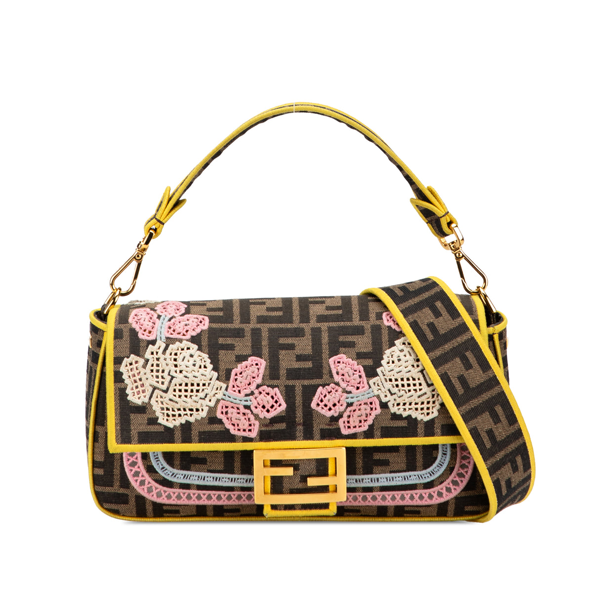 Zucca Embroidered Canvas Floral Baguette Satchel