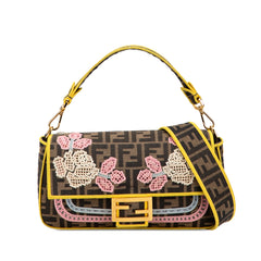 Zucca Embroidered Canvas Floral Baguette Satchel