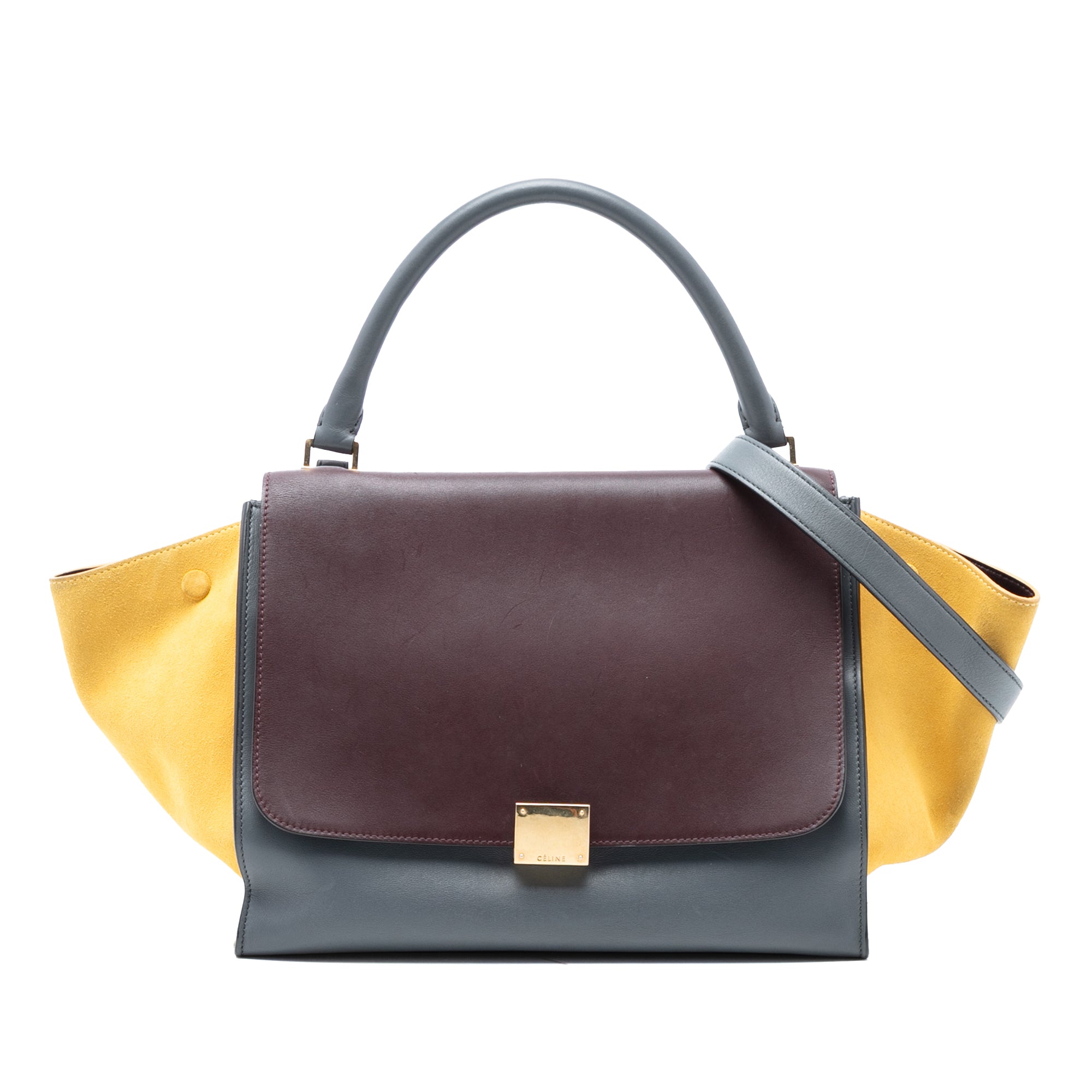 Medium Tricolor Calfskin and Suede Trapeze Satchel