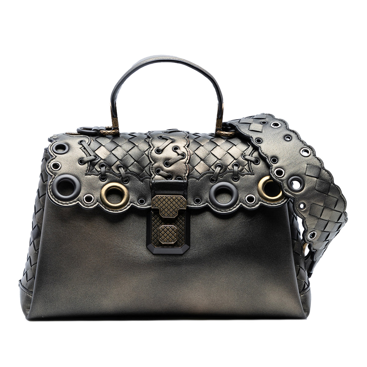 Small Intrecciato Trimmed Metallic Nappa Grommet Piazza Satchel