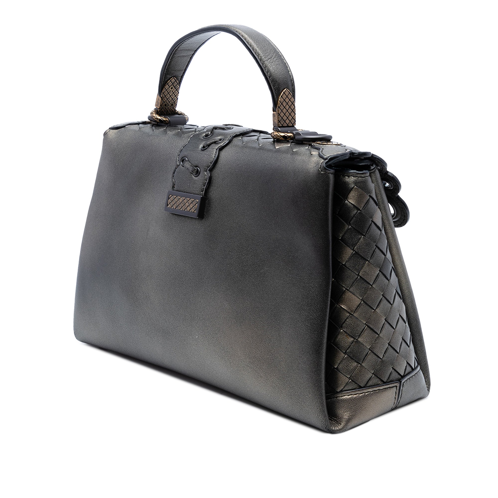 Small Intrecciato Trimmed Metallic Nappa Grommet Piazza Satchel