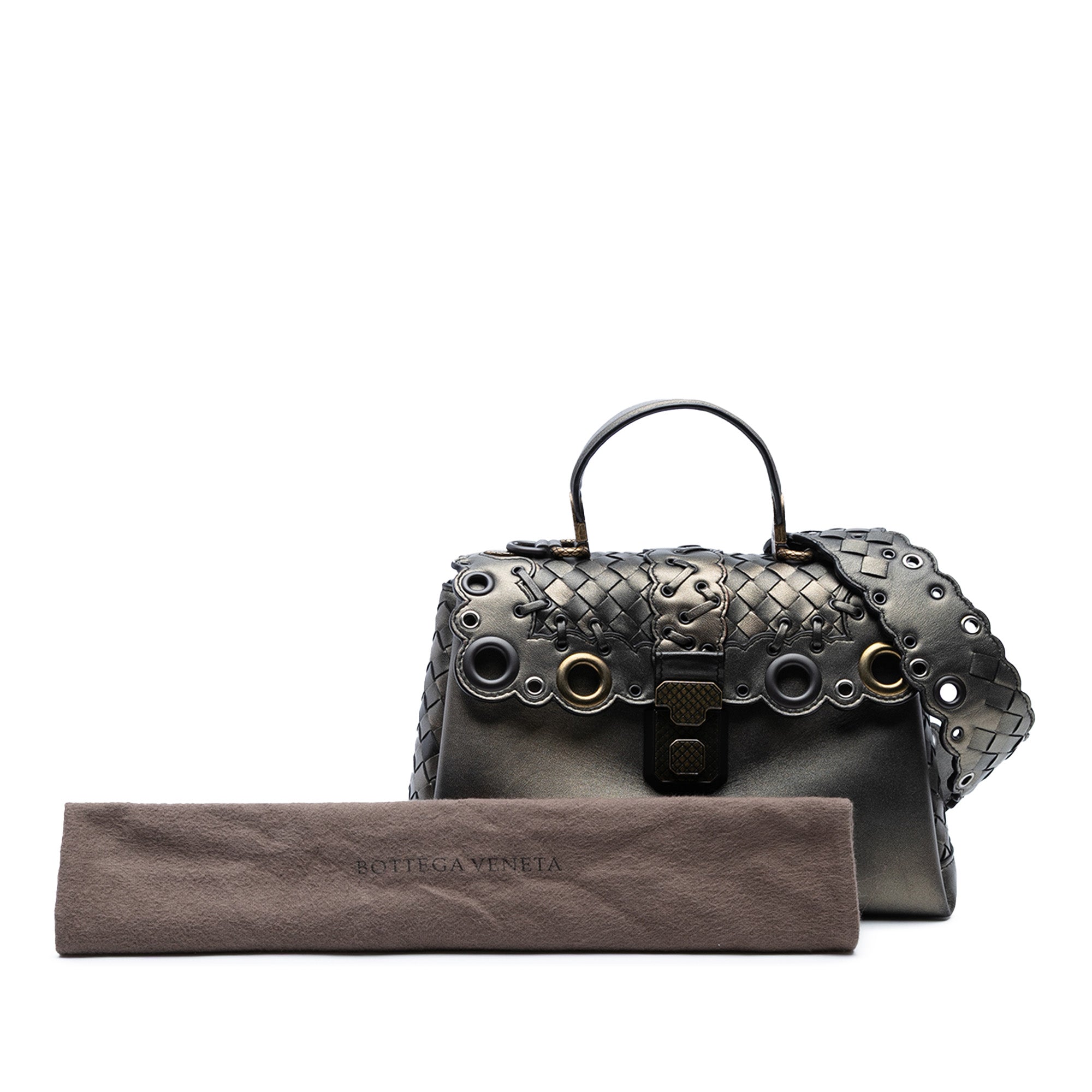 Small Intrecciato Trimmed Metallic Nappa Grommet Piazza Satchel