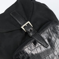 Prada Cinch Buckle Flap Backpack Tessuto with Crocodile Embossed Leather