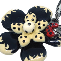 Chanel CC Flower Ladybug Necklace Silver Plated and Acrylic