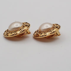 Chanel Vintage Round Clip-On Earrings Metal with Faux Pearl
