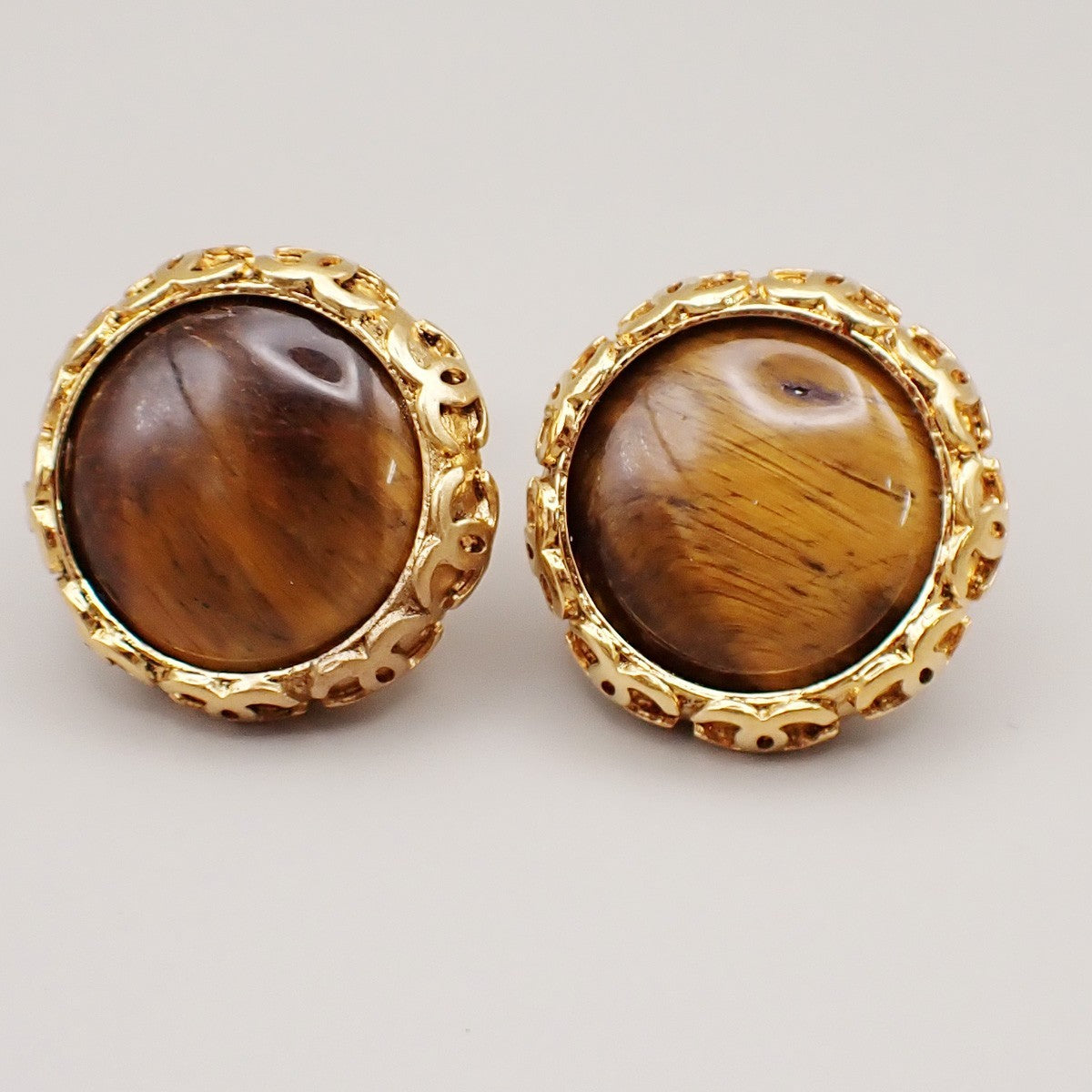 Chanel Vintage CC Round Button Clip-On Earrings Metal and Wood