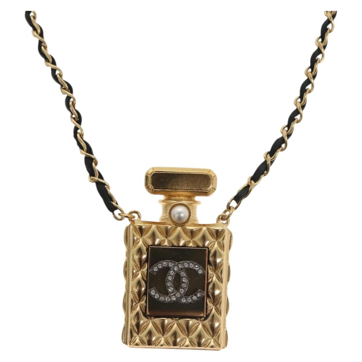 Chanel CC Perfume Bottle Pendant Chain Long Necklace Metal with Leather, Crystals and Faux Pearl