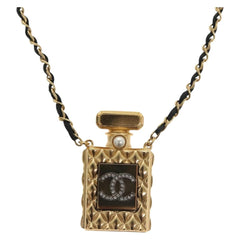Chanel CC Perfume Bottle Pendant Chain Long Necklace Metal with Leather, Crystals and Faux Pearl