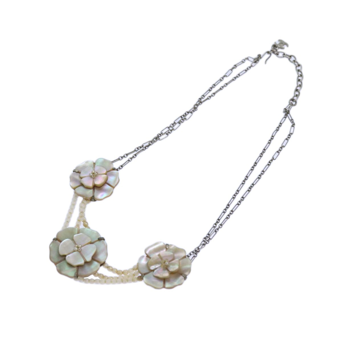Chanel Camellia CC Long Necklace Metal with Faux Pearls