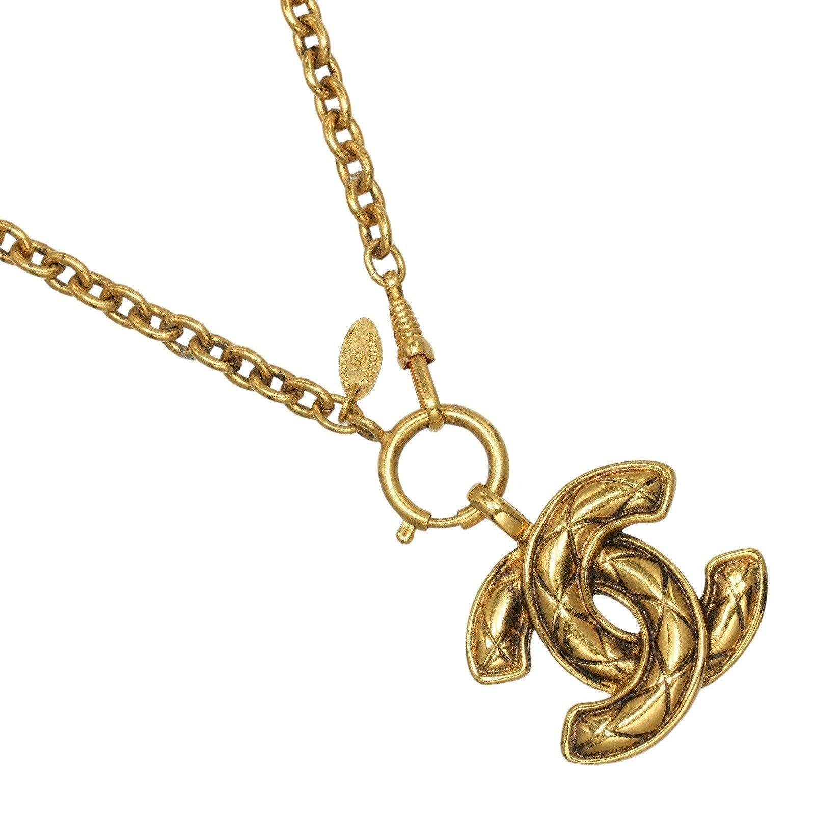 Chanel Vintage CC Pendant Necklace Quilted Metal