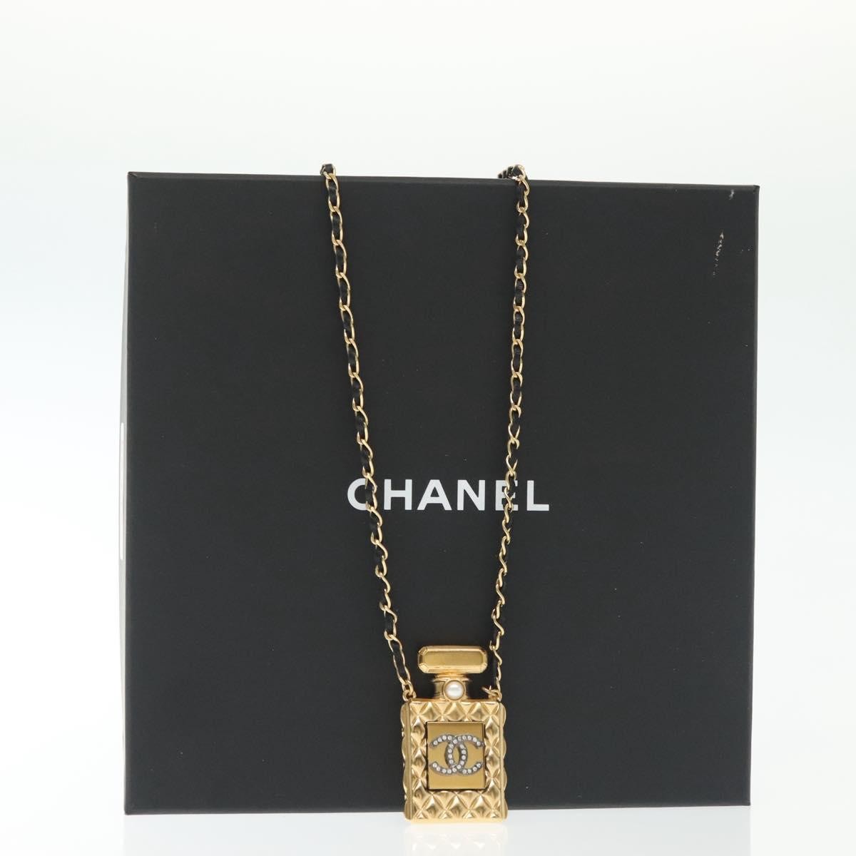 Chanel CC Perfume Bottle Pendant Chain Long Necklace Metal with Leather, Crystals and Faux Pearl