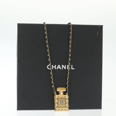 Chanel CC Perfume Bottle Pendant Chain Long Necklace Metal with Leather, Crystals and Faux Pearl