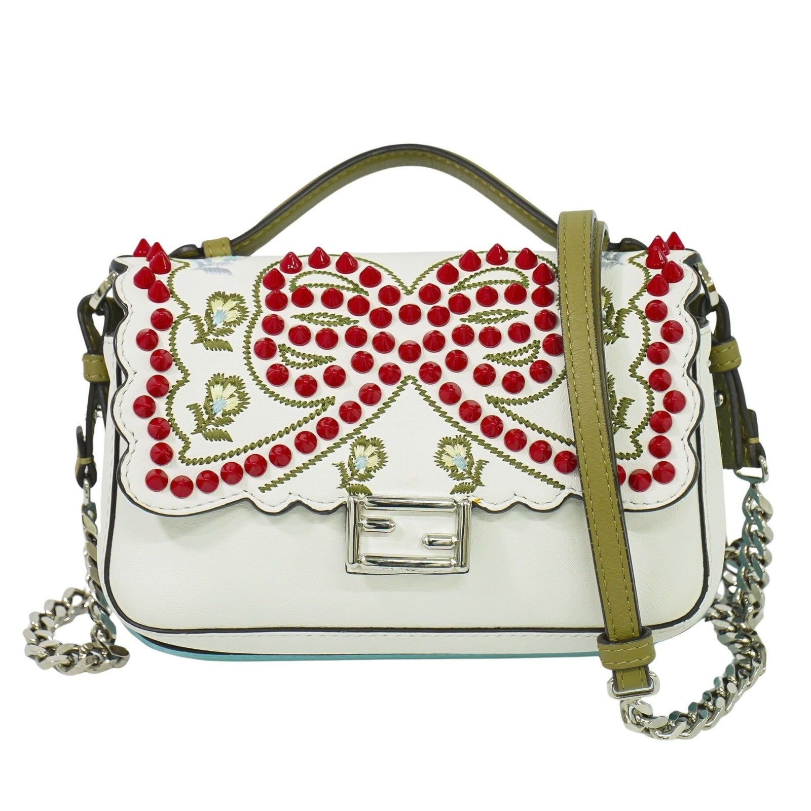 Fendi Double Baguette Embroidered Studded Leather