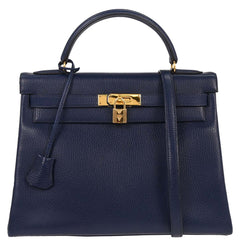 Hermes Kelly Handbag Blue Ardennes with Gold Hardware