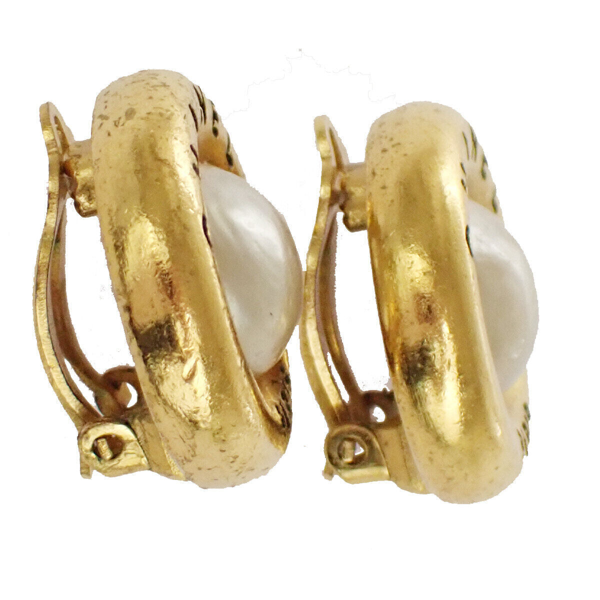 Chanel Vintage Round CC Button Clip-On Earrings Metal and Faux Pearl