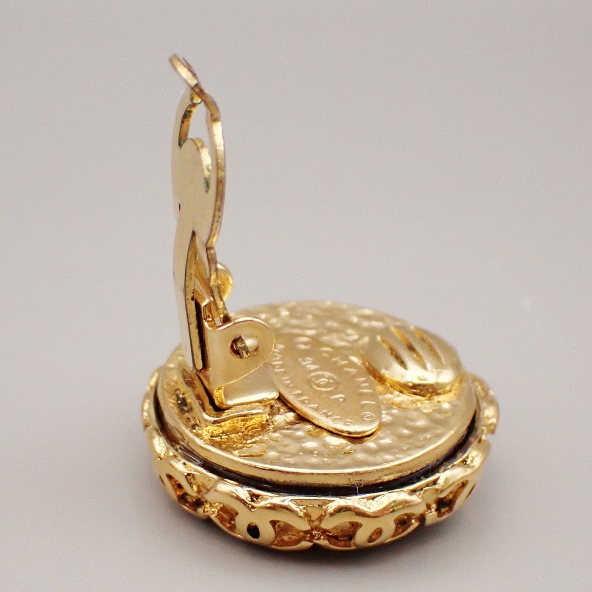 Chanel Vintage CC Round Button Clip-On Earrings Metal and Wood