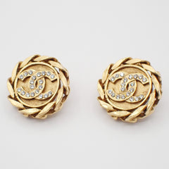 Chanel Vintage CC Round Clip-On Earrings Metal with Crystals