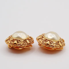 Chanel Vintage Round Clip-On Earrings Metal with Faux Pearl