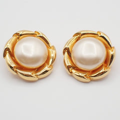 Chanel Vintage Round Clip-On Earrings Metal with Faux Pearl